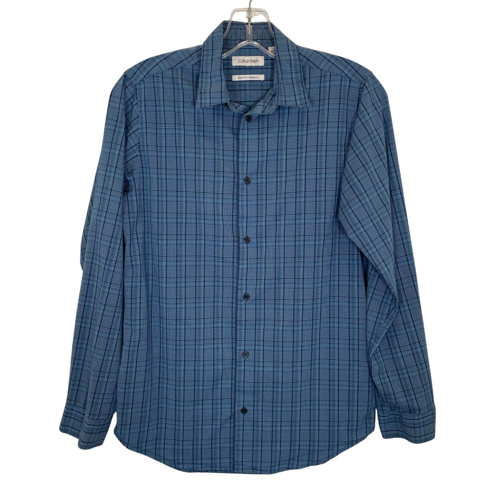 Calvin Klein Boys Blue Plaid Dress Shirt Slim Fit Button‎ Down Church Size 18